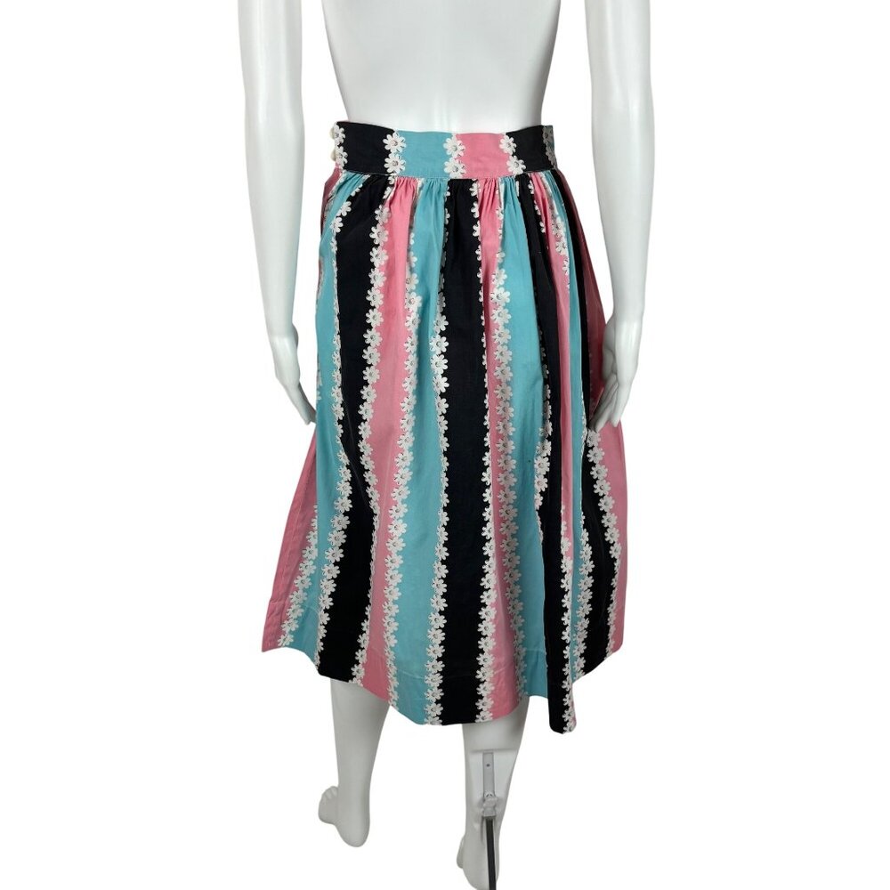 Vintage 50s Floral Skirt Women's Extra Small Pink Blue Cotton Print High Waist - Picture 7 of 10